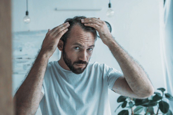 Man tittar på en glesnande hjässa – tecken på ärftligt håravfall (androgenetisk alopeci), manligt håravfall.