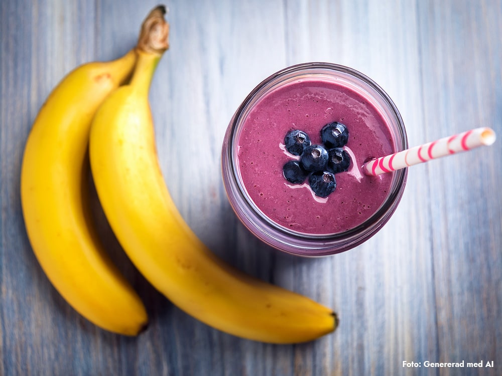En banan och en färgstark bärsmoothie innehållande flavanoler.