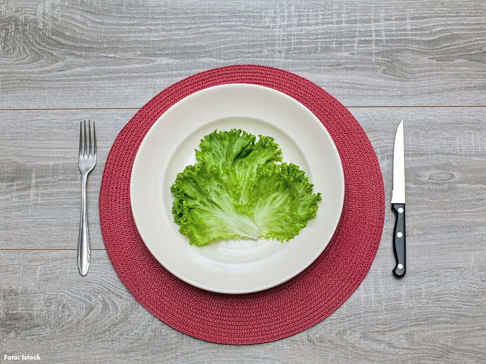 Kalorirestriktion förlänger livet – symbolisk bild av liten portion sallad på stor tallrik som illustrerar kalorirestriktion, att försöka förlänga livet och åldras långsammare.