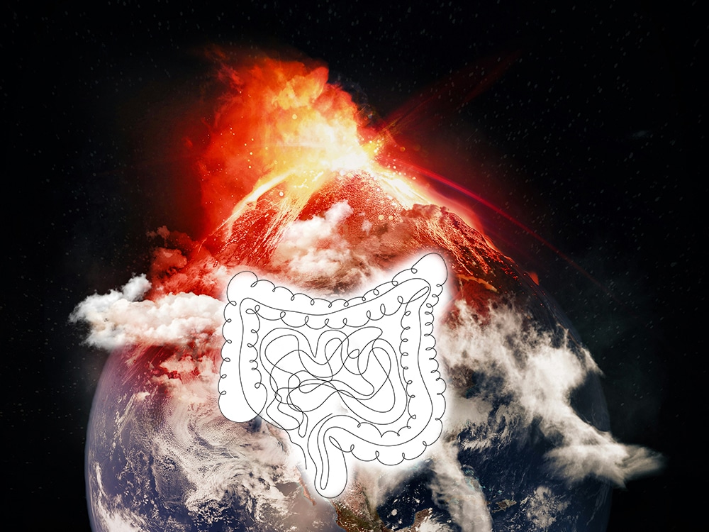 Illustration av tarmcancer: tecknad tjocktarm framför en exploderande jord som symboliserar tarmcancerns ”Big Bang” och hur sjukdomen påverkar immunförsvaret och framtida immunterapi.