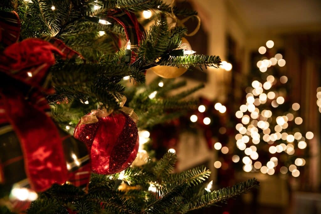 Empati i vardagen kan bromsa hjärnans åldrande 2 Närbild på julgran med röda julkulor och ljusslingor som skapar varm julstämning och symboliserar empati i vardagen.