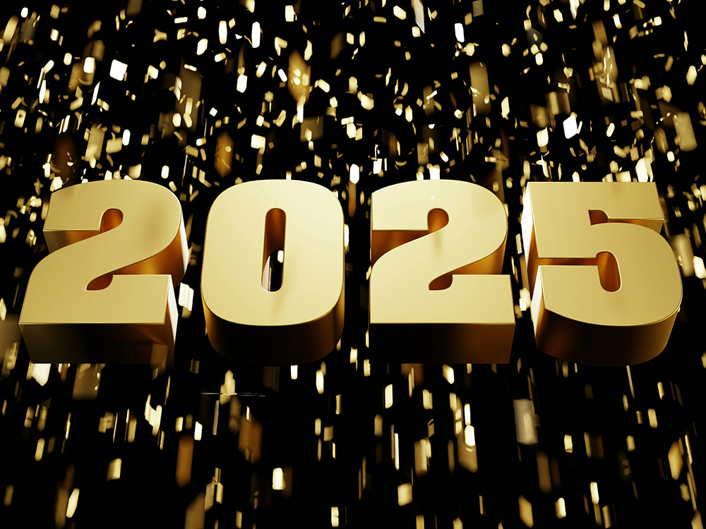 Gyllene ”2025” med konfetti – medicinska genombrott 2025: klimakteriet/menopaus utan hormonbehandling, hiv, genbehandling och bältrosvaccin.