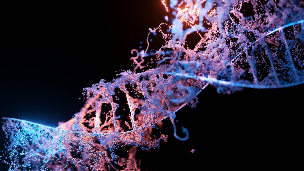 Illustration av en DNA-spiral med fragment och partiklar – symbol för DNA-skador kopplade till inflammation och ökad risk för kolorektalcancer.