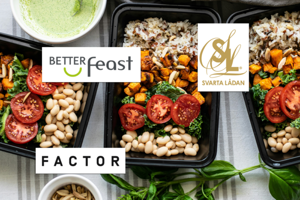 Nyttig matlåda med Svarta Lådan, BetterFeast och Factor i jämförelsebild med färdiga matlådor för hemleverans och grönsaker. Dessa matlådor är även bra matlådor för träning