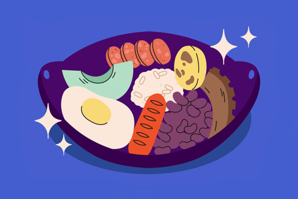 Illustration av en skål med proteinrika livsmedel som ägg, bönor, ris och korv, till en artikel om proteinbrist.