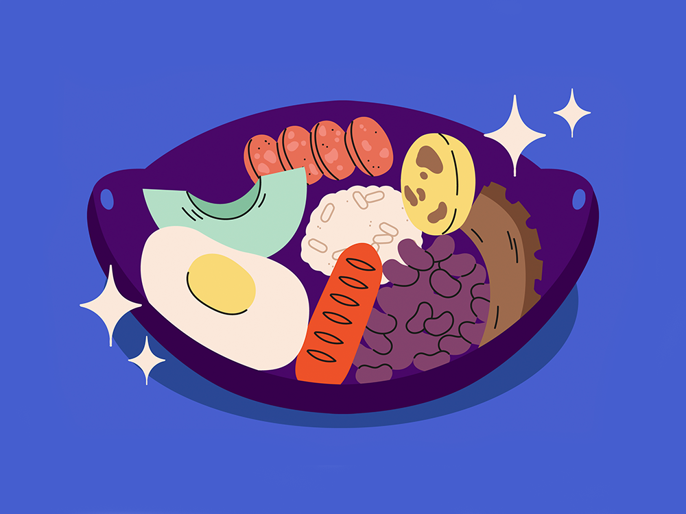 Illustration av en skål med proteinrika livsmedel som ägg, bönor, ris och korv, till en artikel om proteinbrist.
