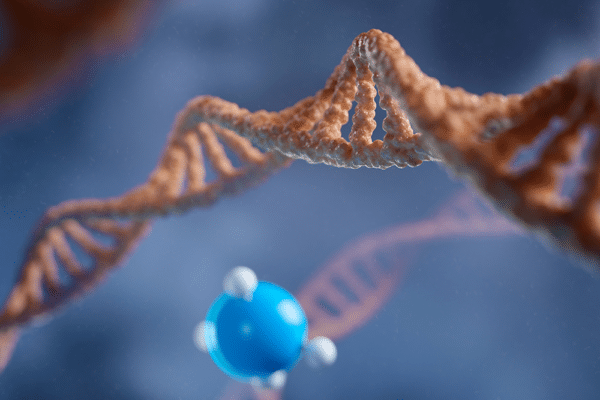Illustration av DNA som symboliserar hur gener kan påverka effekten av GLP-1-läkemedel vid typ 2-diabetes.