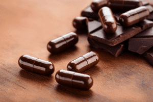Kapslar med kakaoextrakt bredvid mörk choklad – illustration av kosttillskott som kan påverka låggradig inflammation.