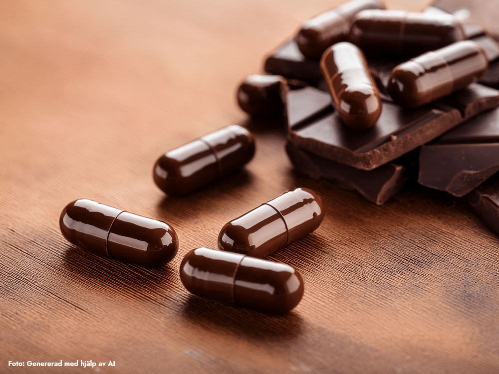 Kapslar med kakaoextrakt bredvid mörk choklad – illustration av kosttillskott som kan påverka låggradig inflammation.