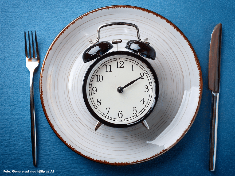 När ska man äta frukost ? Symbolisk bild med väckarklocka på en tallrik mellan bestick illustrerar tidpunktens betydelse för hälsa och dygnsrytm.