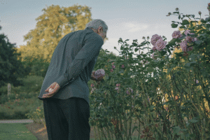 Äldre man luktar på rosor i en trädgård – försämrat luktsinne kan vara ett av tidiga tecken på Alzheimers sjukdom.