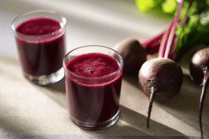 Vad är rödbetsjuice bra för? Två shots med rödbetsjuice står på ett bord bredvid några rödbetor.