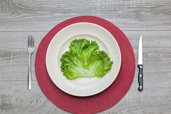 Kalorirestriktion förlänger livet – symbolisk bild av liten portion sallad på stor tallrik som illustrerar kalorirestriktion, att försöka förlänga livet och åldras långsammare.