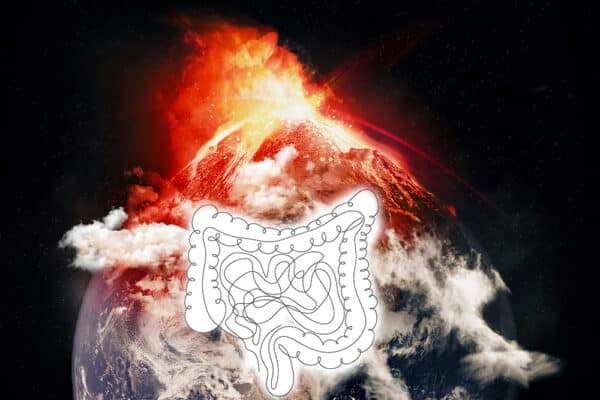 Illustration av tarmcancer: tecknad tjocktarm framför en exploderande jord som symboliserar tarmcancerns ”Big Bang” och hur sjukdomen påverkar immunförsvaret och framtida immunterapi.