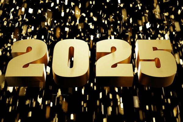 Gyllene ”2025” med konfetti – medicinska genombrott 2025: klimakteriet/menopaus utan hormonbehandling, hiv, genbehandling och bältrosvaccin.